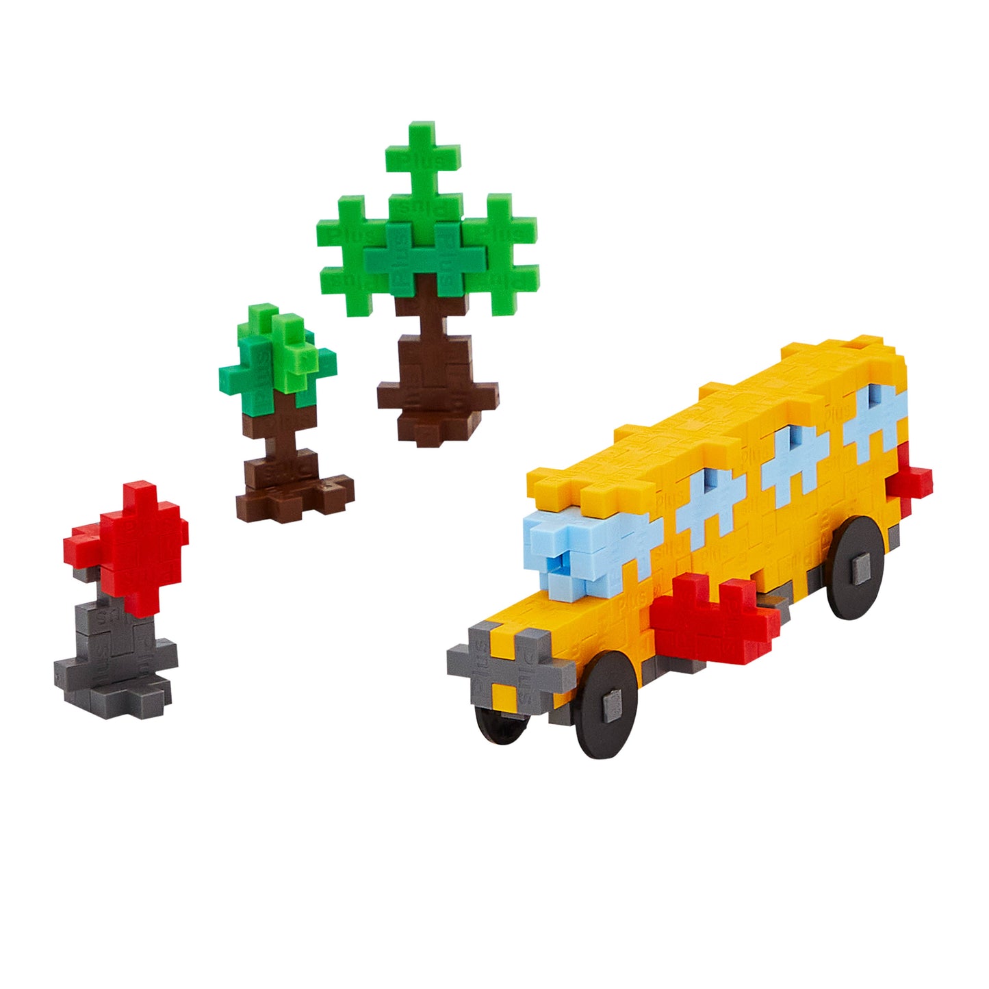 Plus Plus brand mini building block tube to construct a school bus and trees to help support fine motor skills.