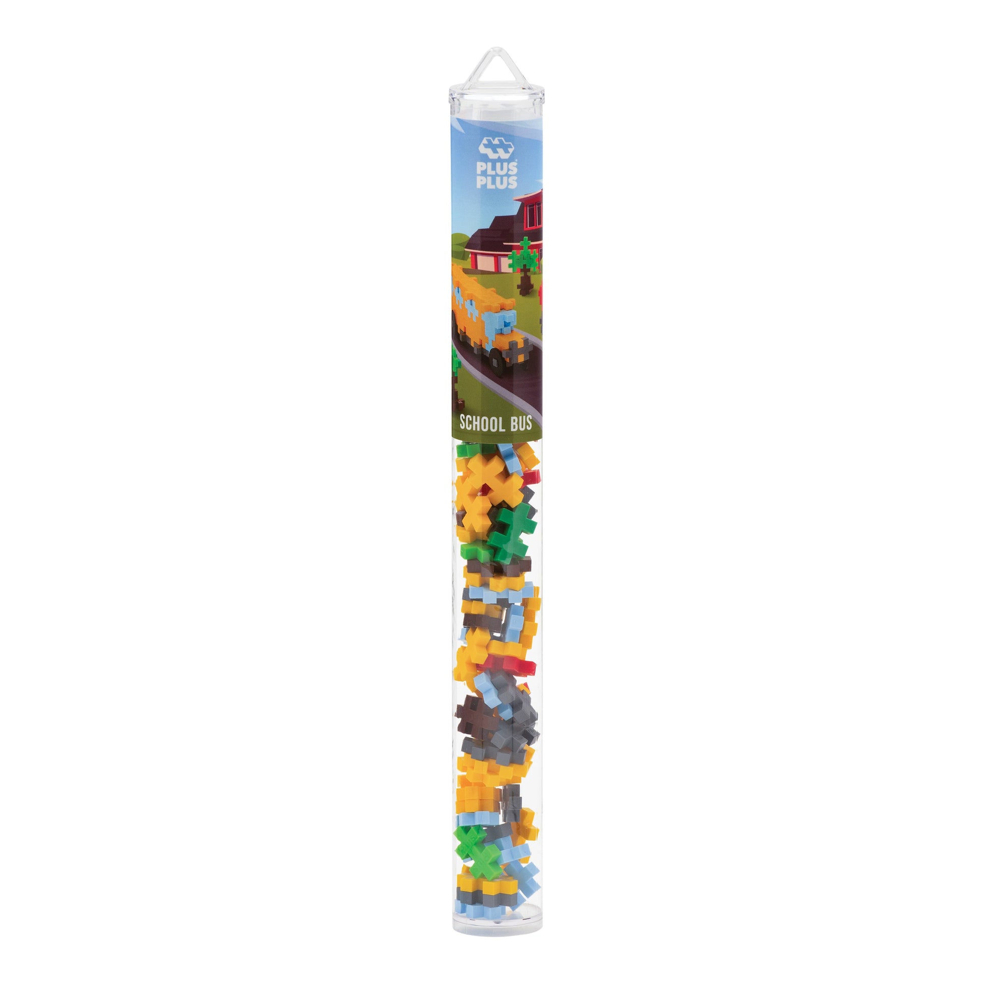 Plus Plus brand school bus mini building block tube to support constructive play.