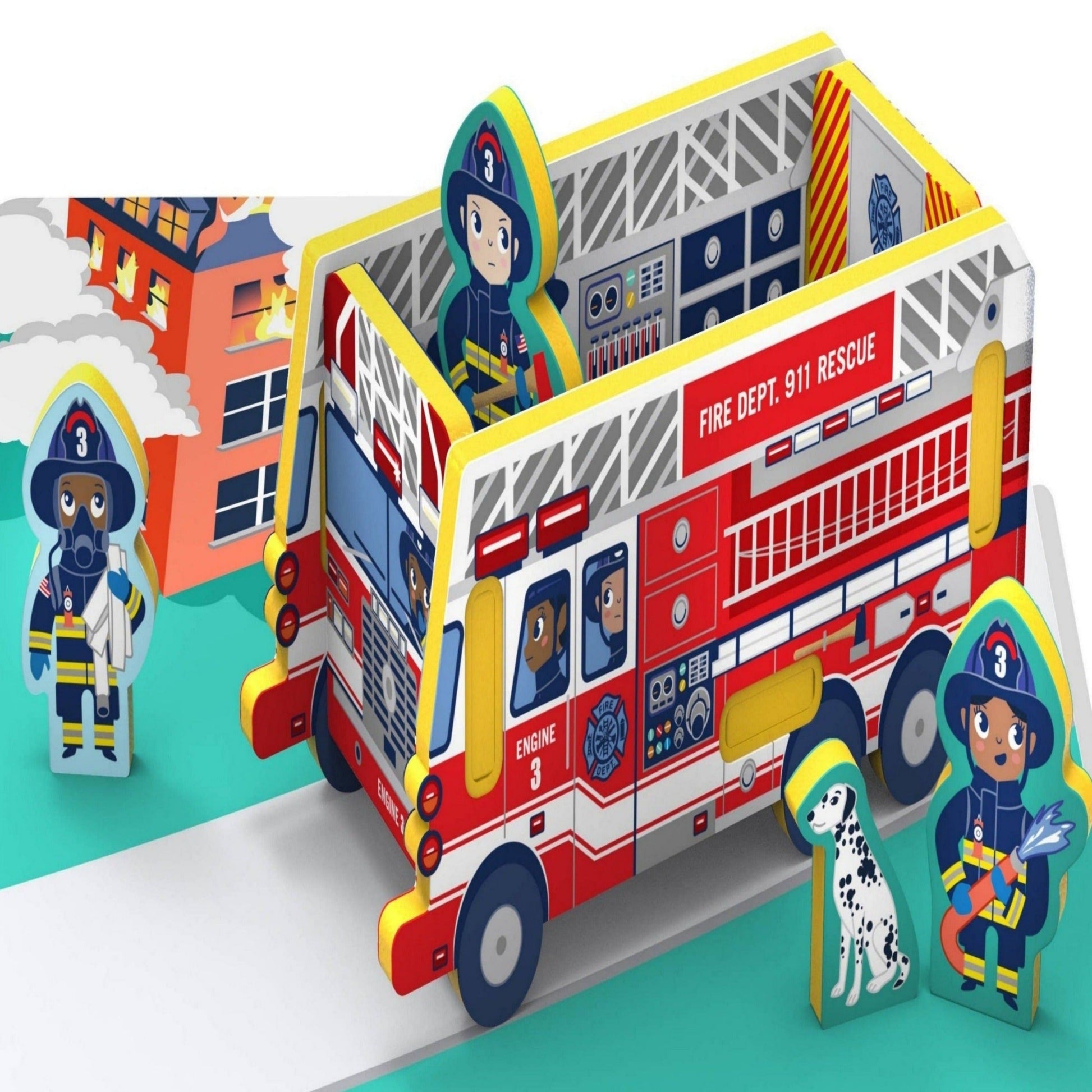 Storytime Puzzles brand Fireman puzzle that turns into playset for imaginative play.