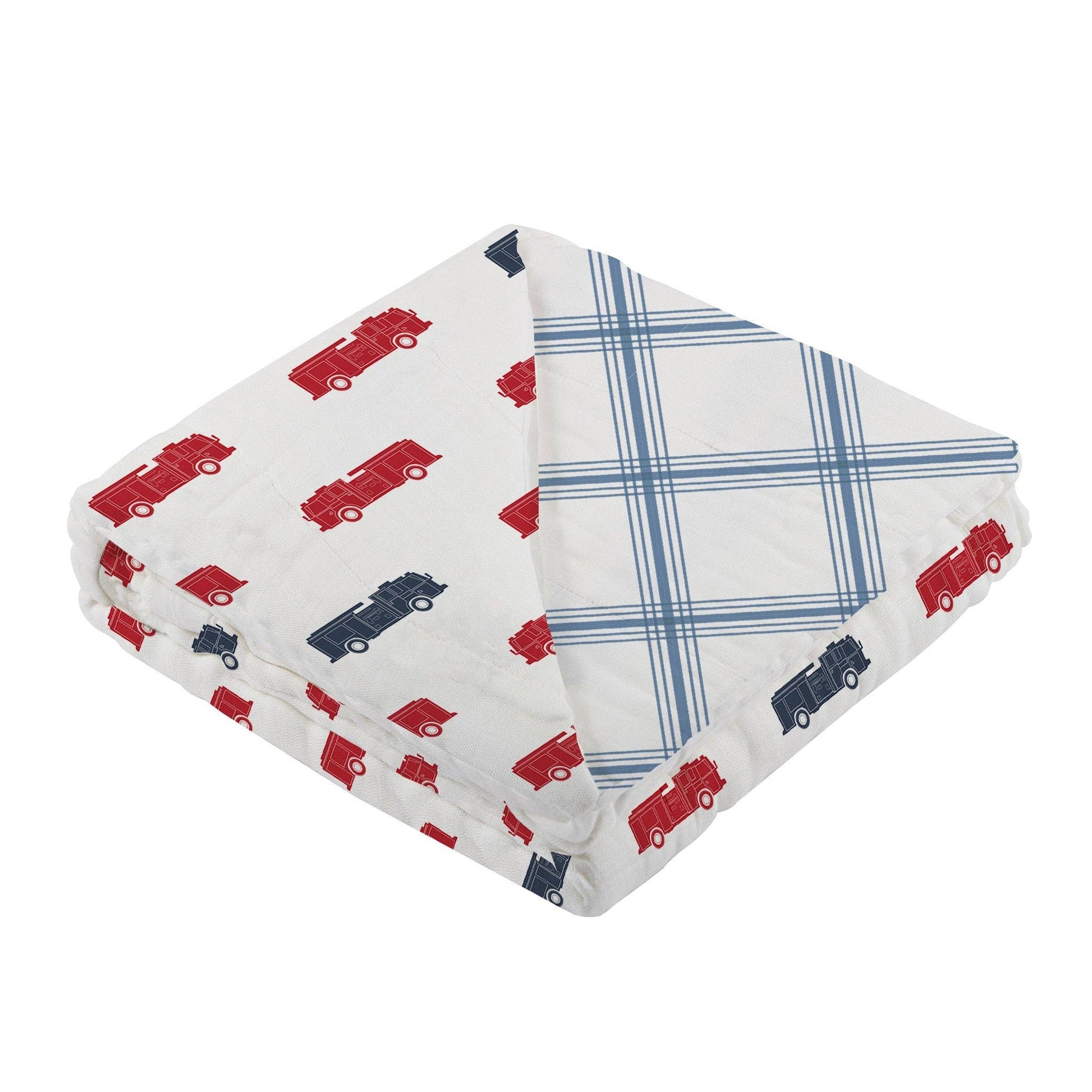 100% natural cotton muslin blanket with firetrucks and plaid print for little boys room