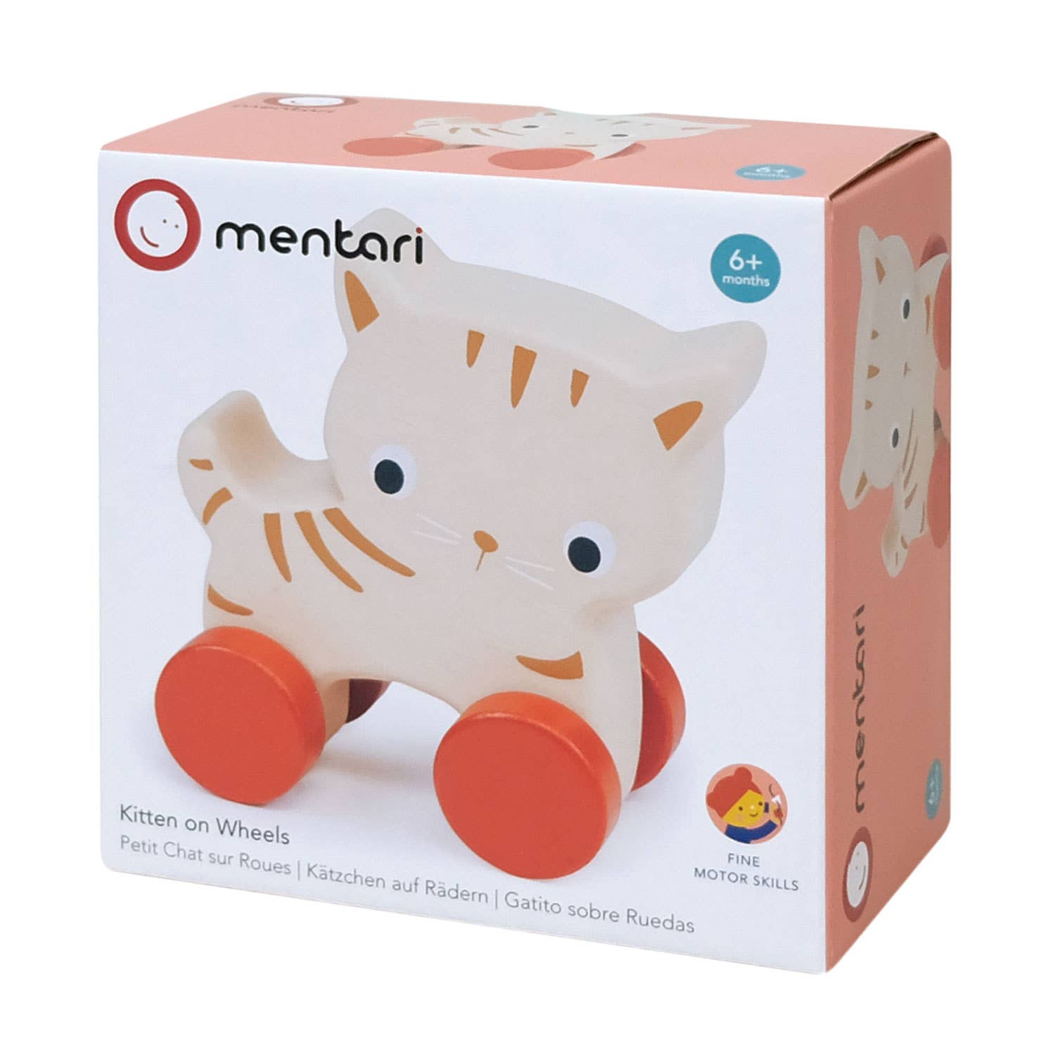 Mentari brand sustainable wooden rolling kitty cat toy for 6 month old to promote fine motor skills.