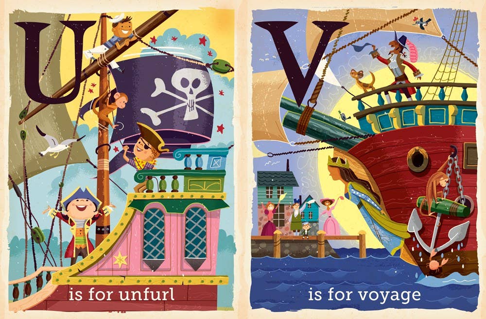 Pirate ships unfurl and voyage in this Alphabet board book for toddlers.