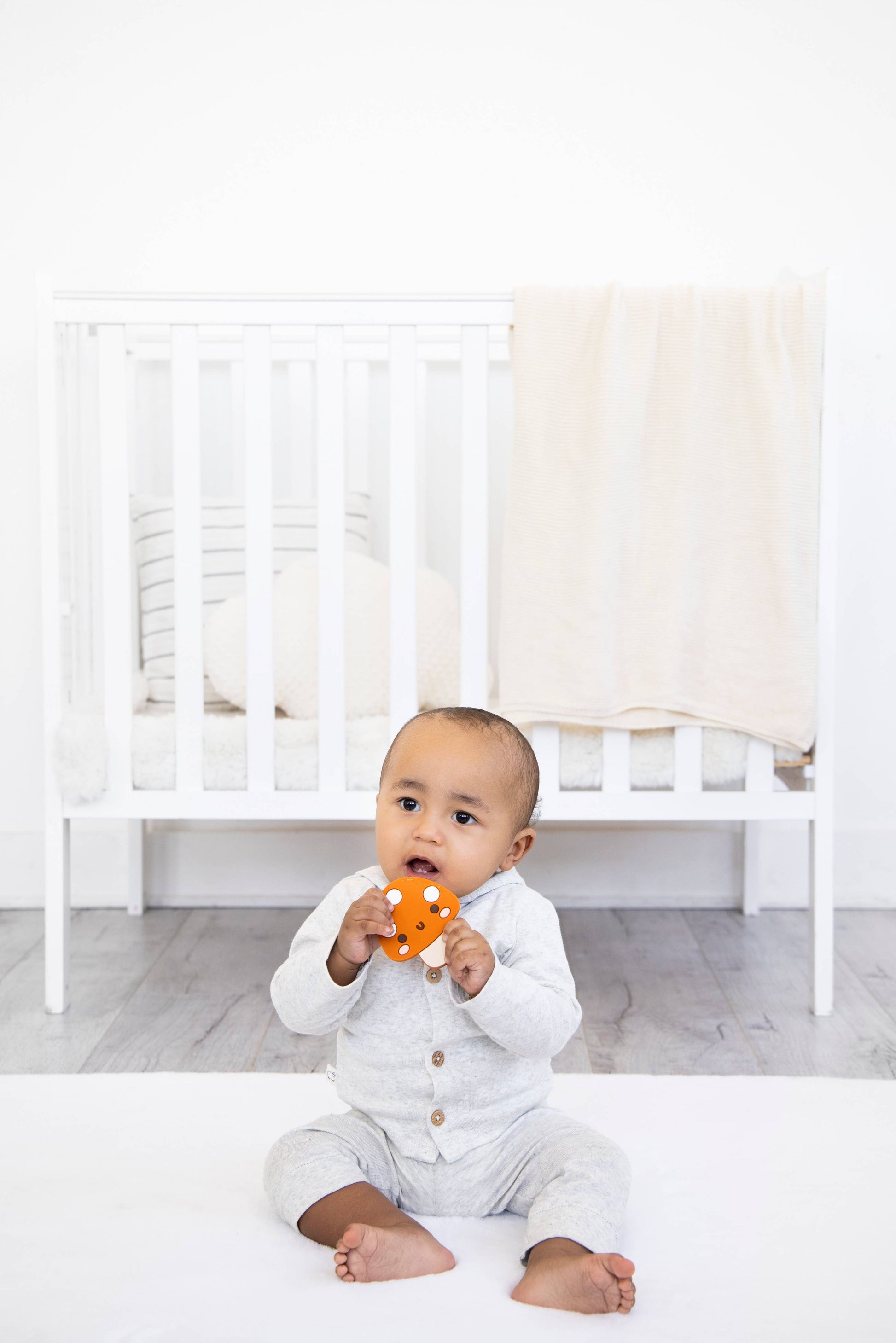 mushroom baby teether is BPA free and helps soothe teething babies