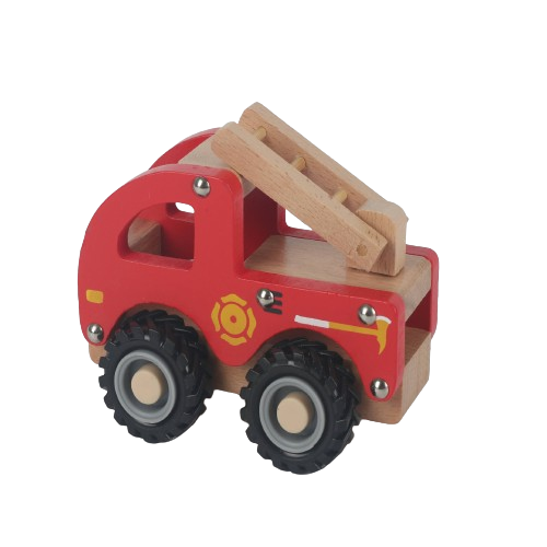 A red wooden toy firetruck vehicle with a ladder on top, ready to respond to emergencies.