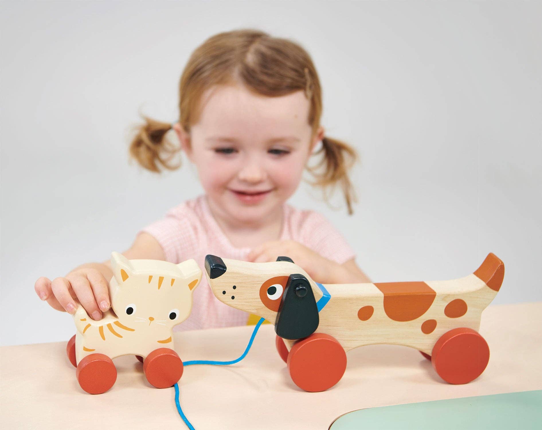 Mentari brand push along wooden puppy dog toy to develop coordination and fine motor skills.