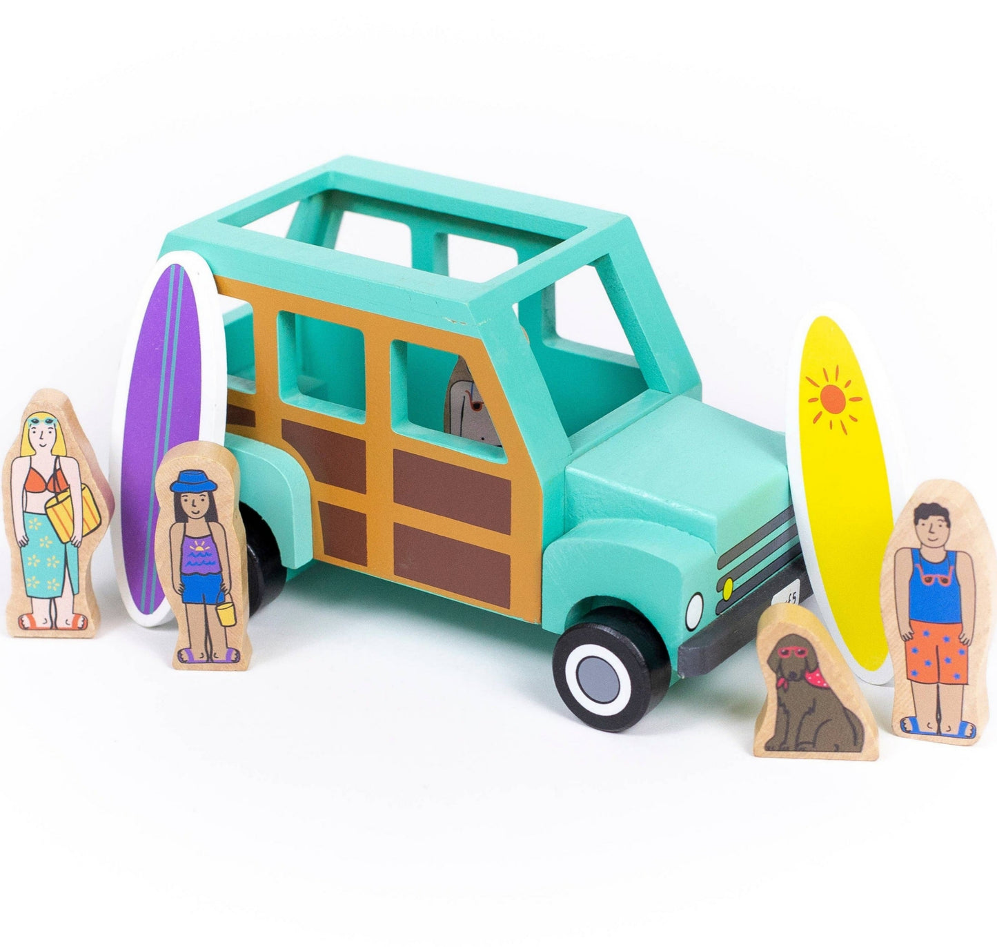 Wooden truck and figures going to the beach with surf boards