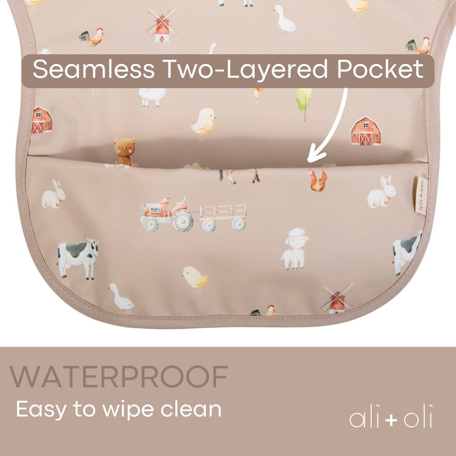 Oeko-tex certified waterproof smock bib in farm print with pocket