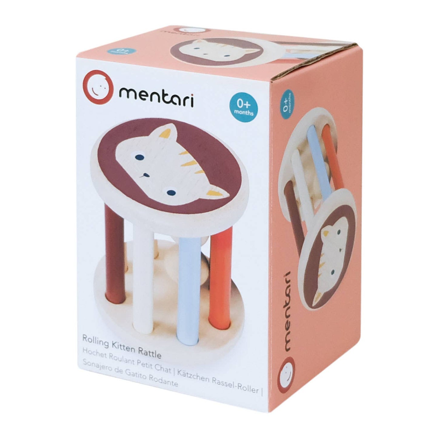 Mentari brand quality wooden kitten rattle toy to help baby learn to grasp and shake.