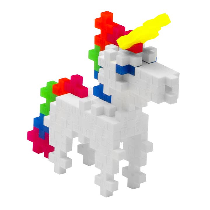 Plus Plus brand mini building blocks for constructing a unicorn supports fine motor skill development.