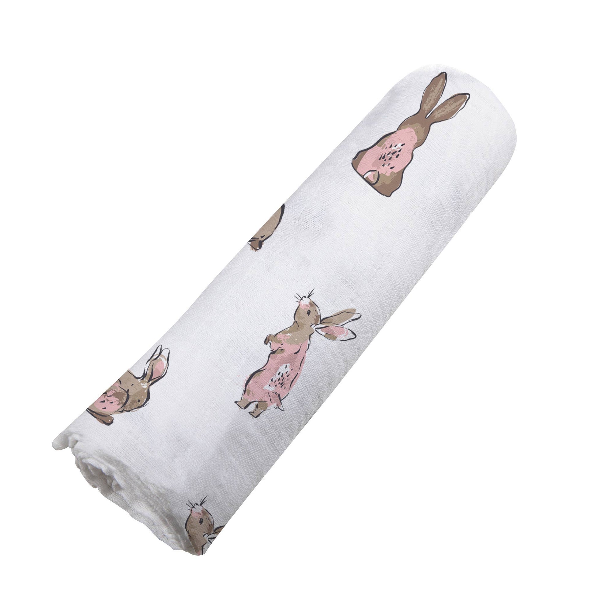 Newcastle Classic brand baby swaddle with brown and pink bunnies for easter. 