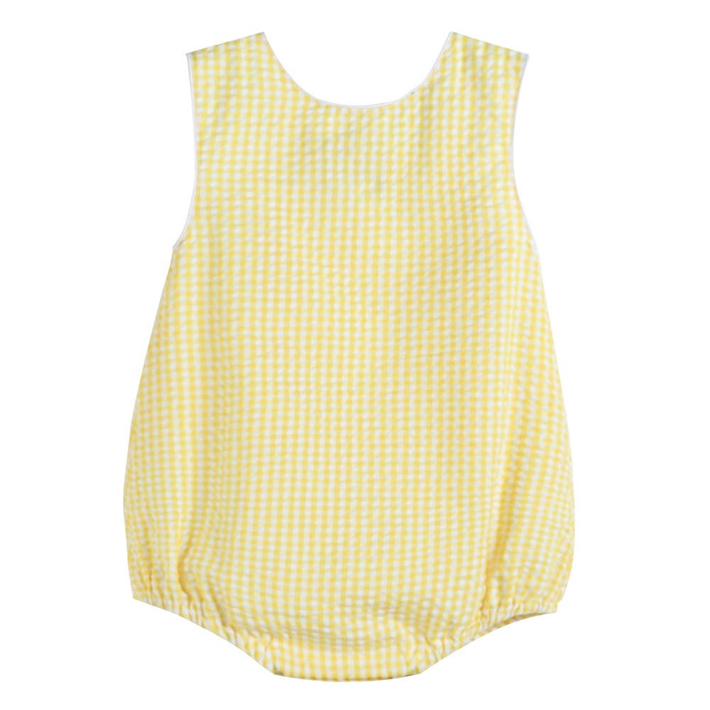 Lil Cactus Summer bubble in Yellow and white gingham seersucker for beach.