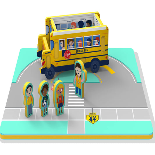 Storytime Toys brand school bus play puzzle that you build into a yellow school bus for pretend play.