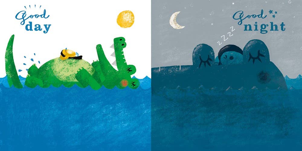 Board book with bird and alligator teaching day and night to toddlers.