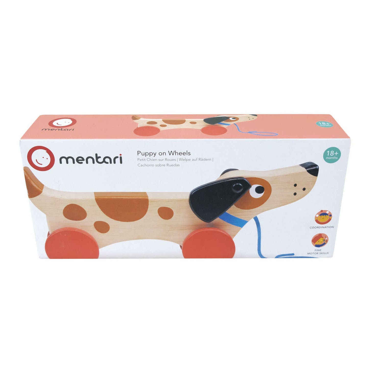 Mentari brand puppy on wheels pull along, push along wooden toy to develop coordination and fine motor skills.