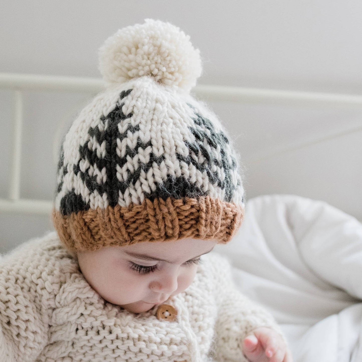 Winter snow hat with handknit trees for baby