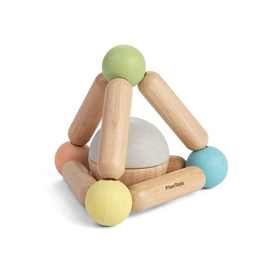 Plantoys brand Wooden Triangular shaped clutching baby toy with two toned ball in the center.