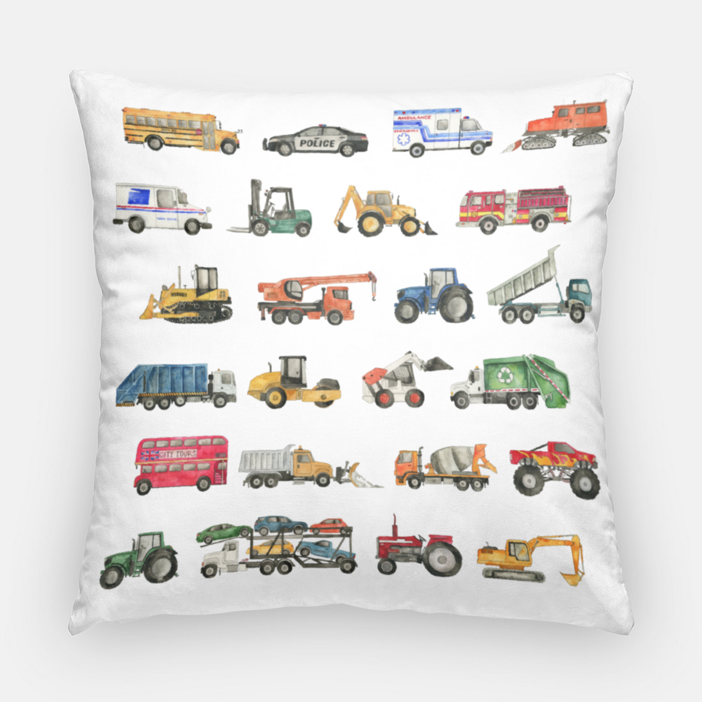 18x18 pillow with watercolor construction and rescue trucks