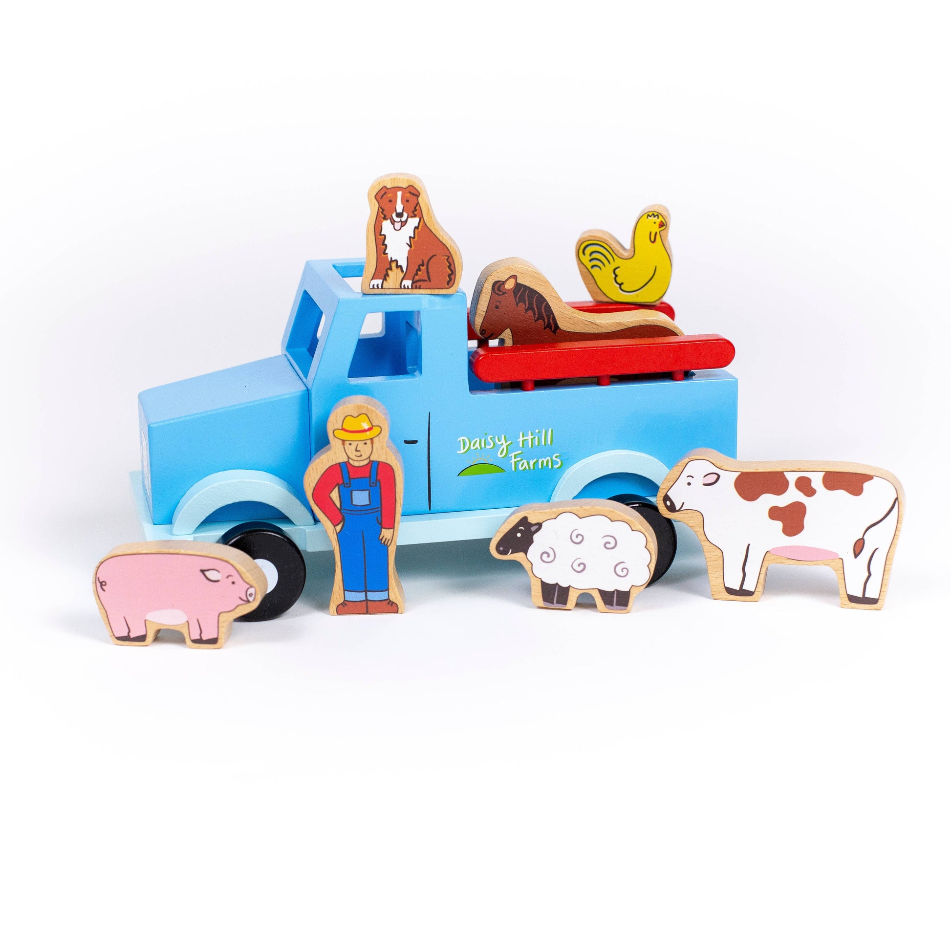 Jack Rabbit brand wooden playset with magnetic farm truck and animals.