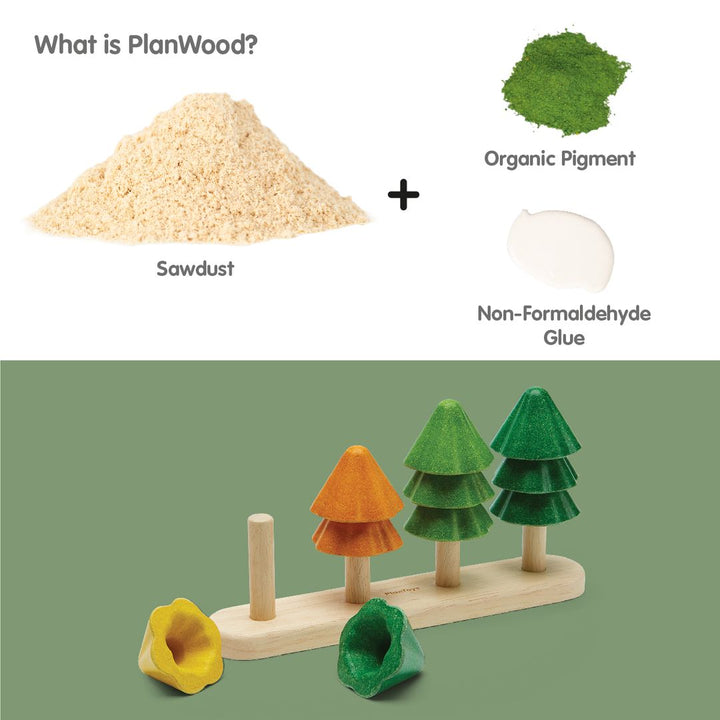 Plantoys brand sustainable sorting and stacking trees are made from planwood.