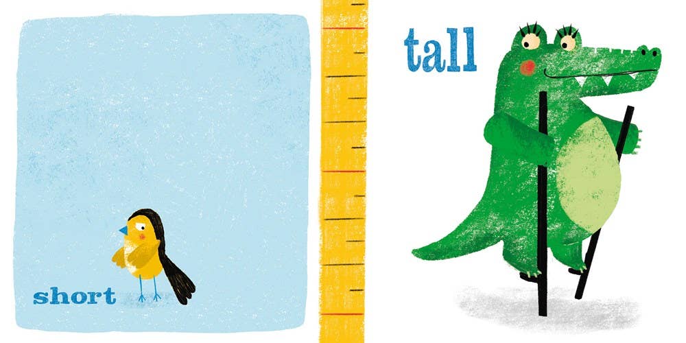 Board book teaching opposites of short and tall to toddlers.