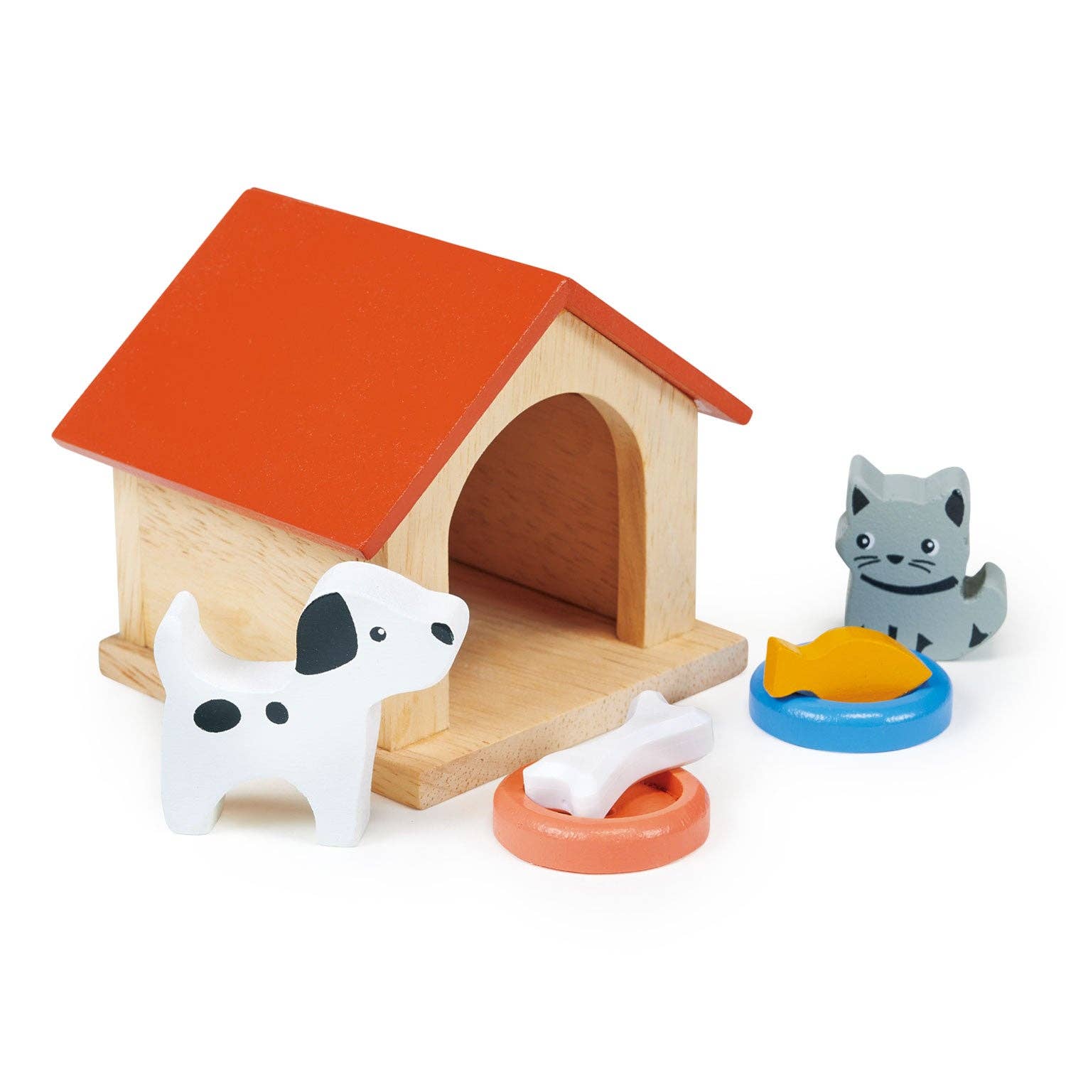 Mentari brand sustainable wooden pet playset toy with dog house, dog, cat and food for pretend play.