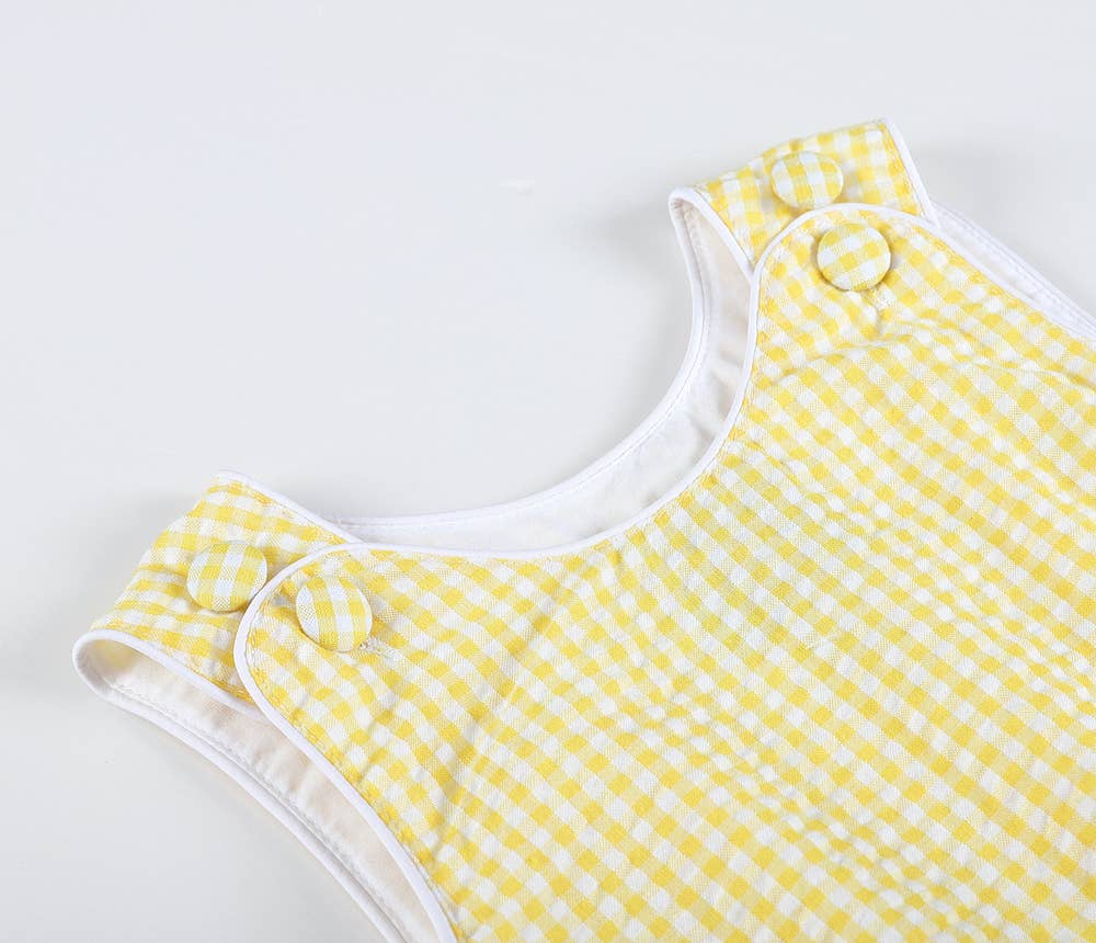 Lil Cactus brand bubble for baby in Yellow and white gingham seersucker perfect for Spring.