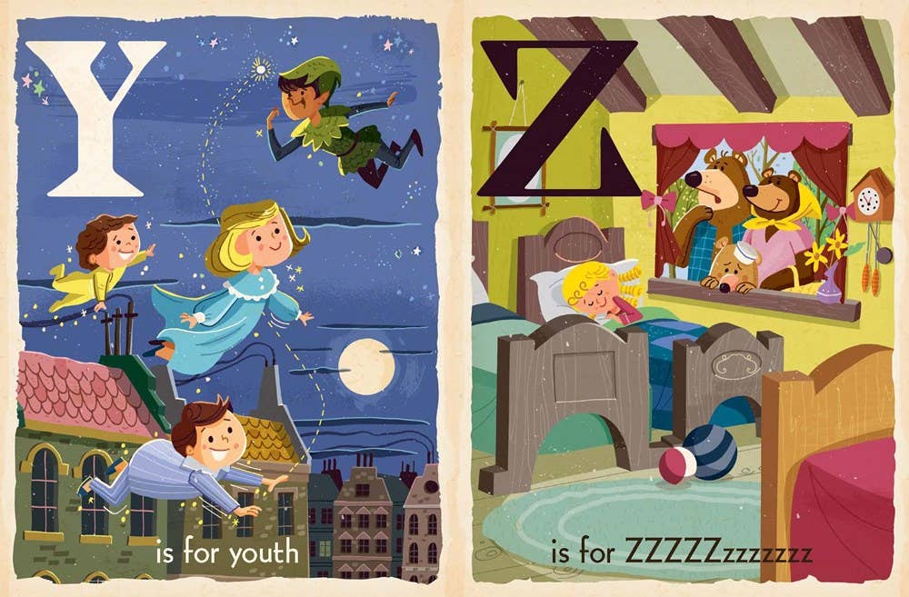 Fairy Tale board book to teach alphabet with peter pan and goldilocks.