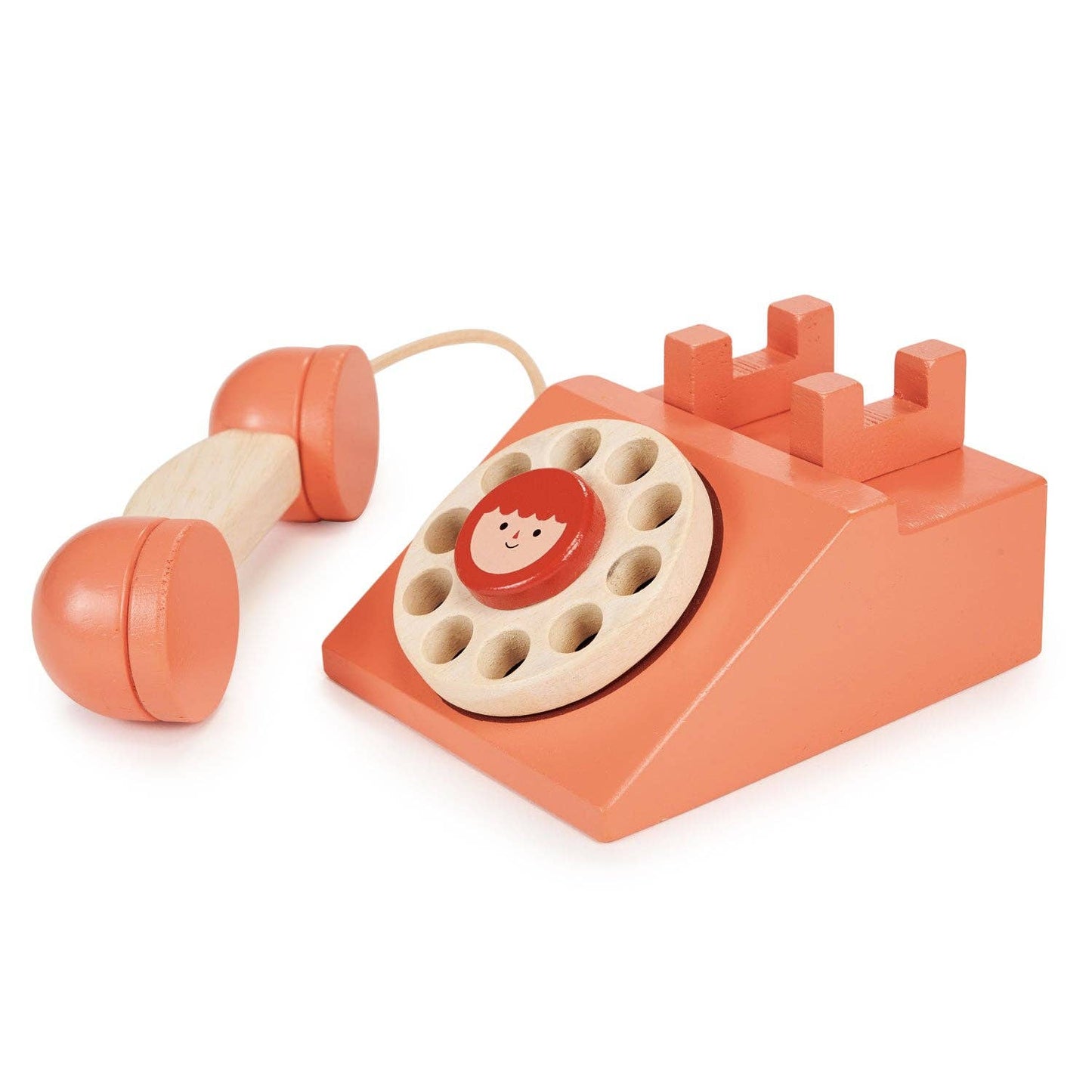 Mentari brand wooden toy telephone in a pretty coral pink color for pretend play.