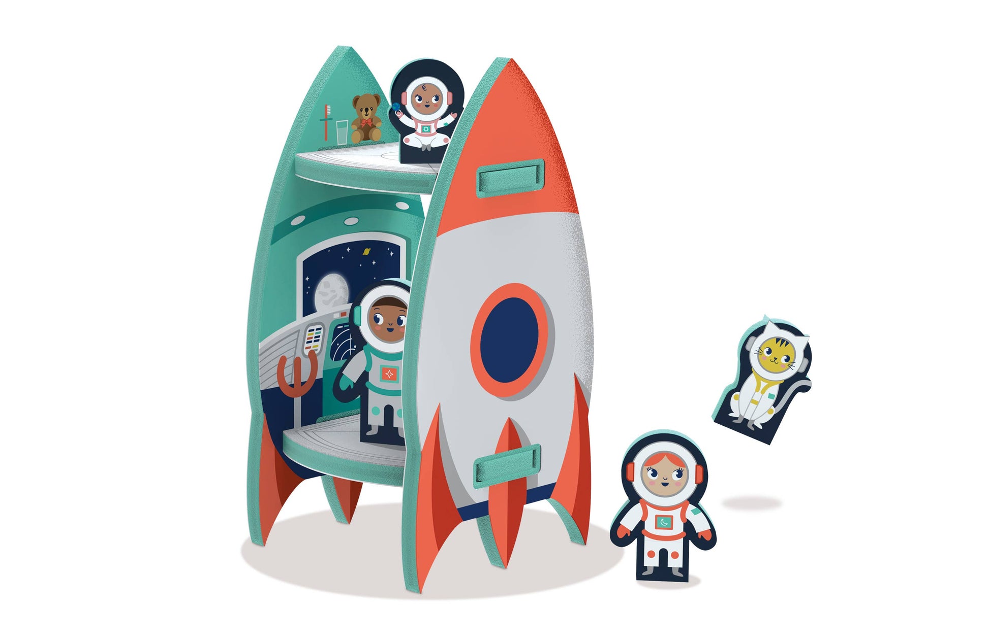 Storytime Toys brand spaceship play puzzle that builds a rocket with astronauts to make a play set.