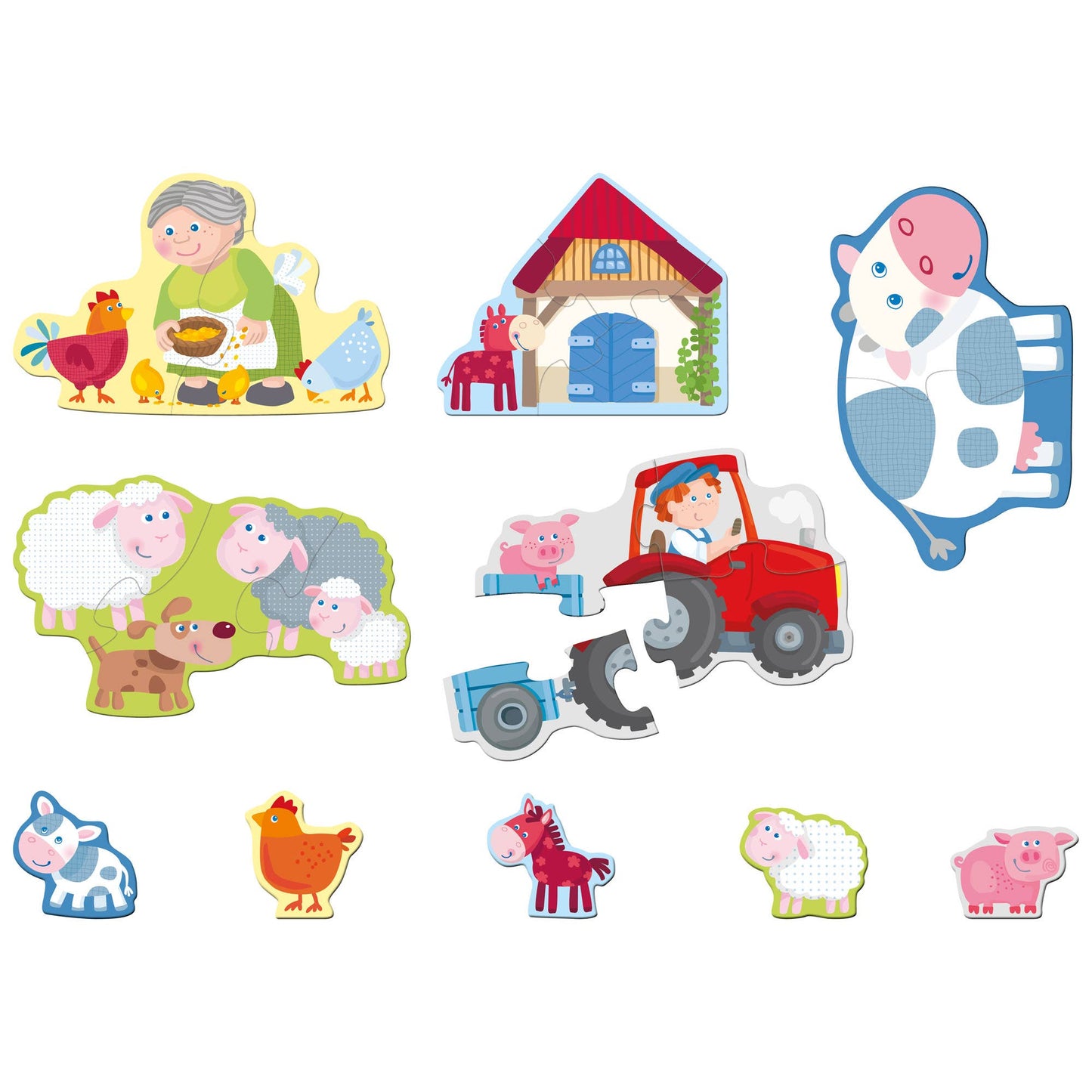 Farm animal, barn and tractor puzzle for kids to help fine motor skills, hand-eye coordination.