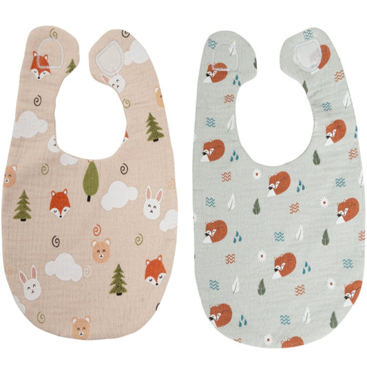 Set of 2 cotton muslin bibs for baby with woodland prints.