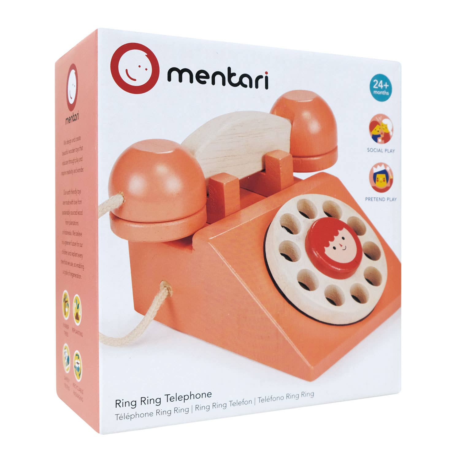 Mentari brand wooden toy telephone to promote social and pretend play. 