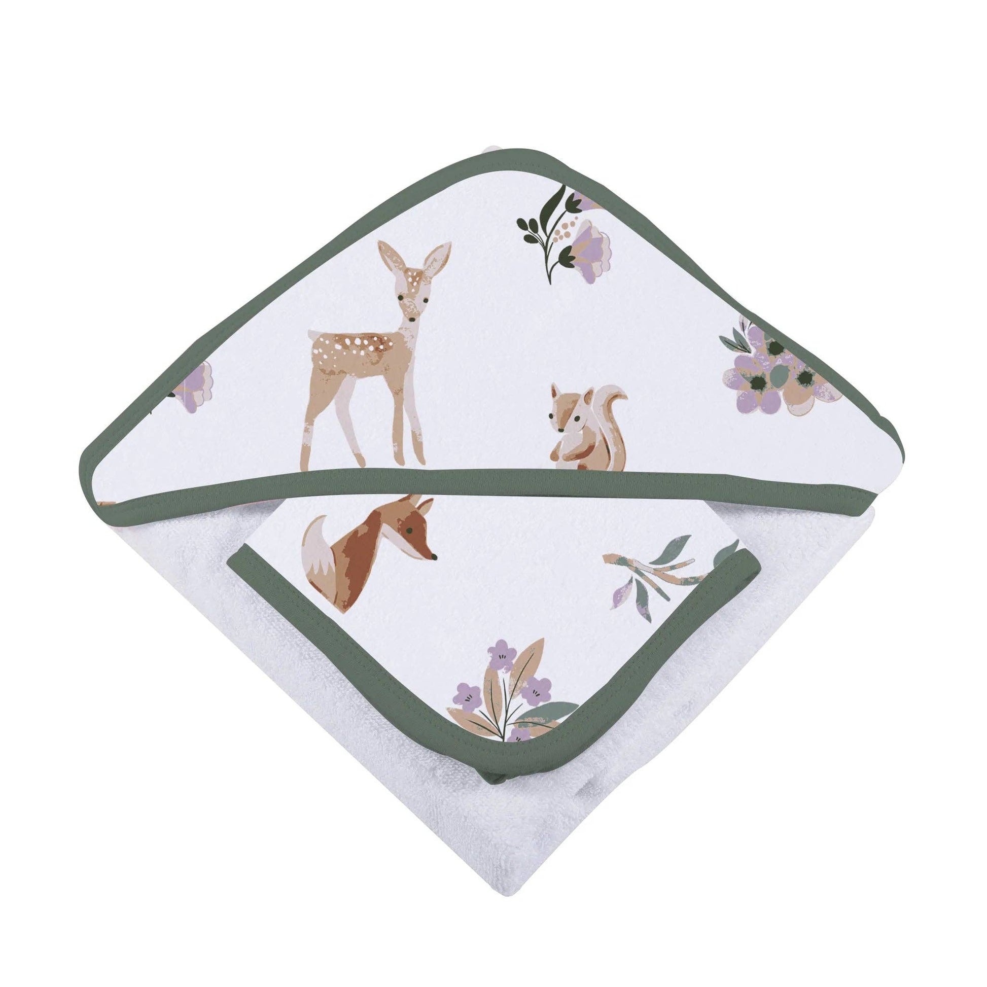 Newcastle brand cotton muslin baby woodland print hooded towel and washcloth set with deer, fox, squirrel and flowers.