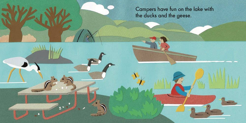 Camping board book with campers on the lake with animals and birds