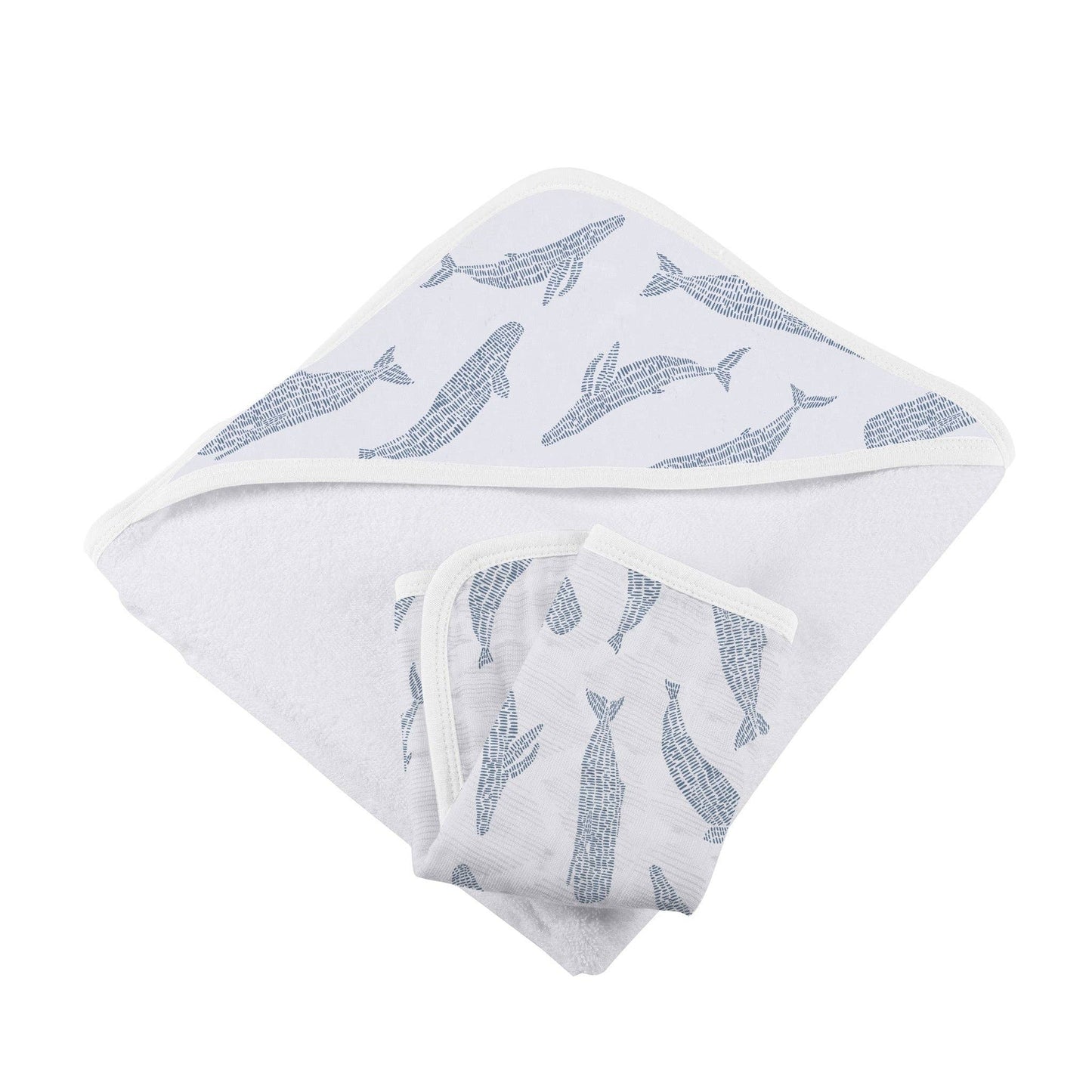 Newcastle Classics brand whales on bamboo muslin hooded towel and washcloth.