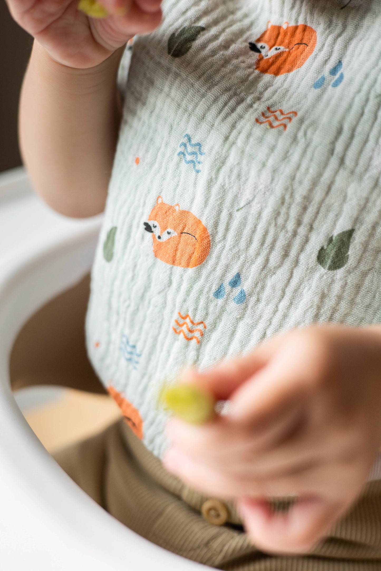 cotton muslin bib for baby with fox woodland print