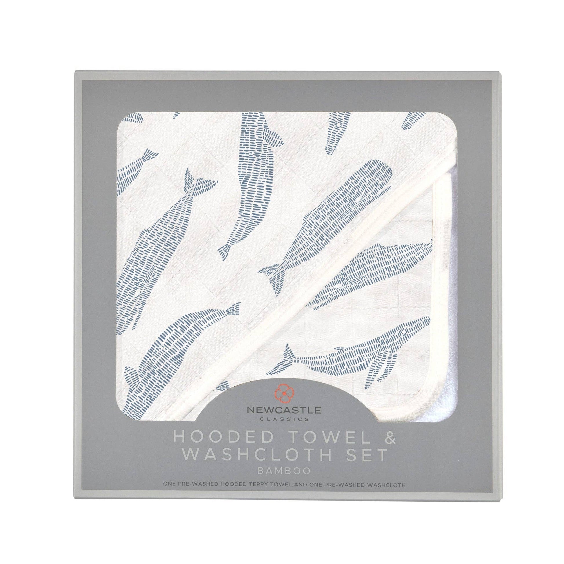 Newcastle Classics brand natural bamboo muslin hooded towel and washcloth with whales.