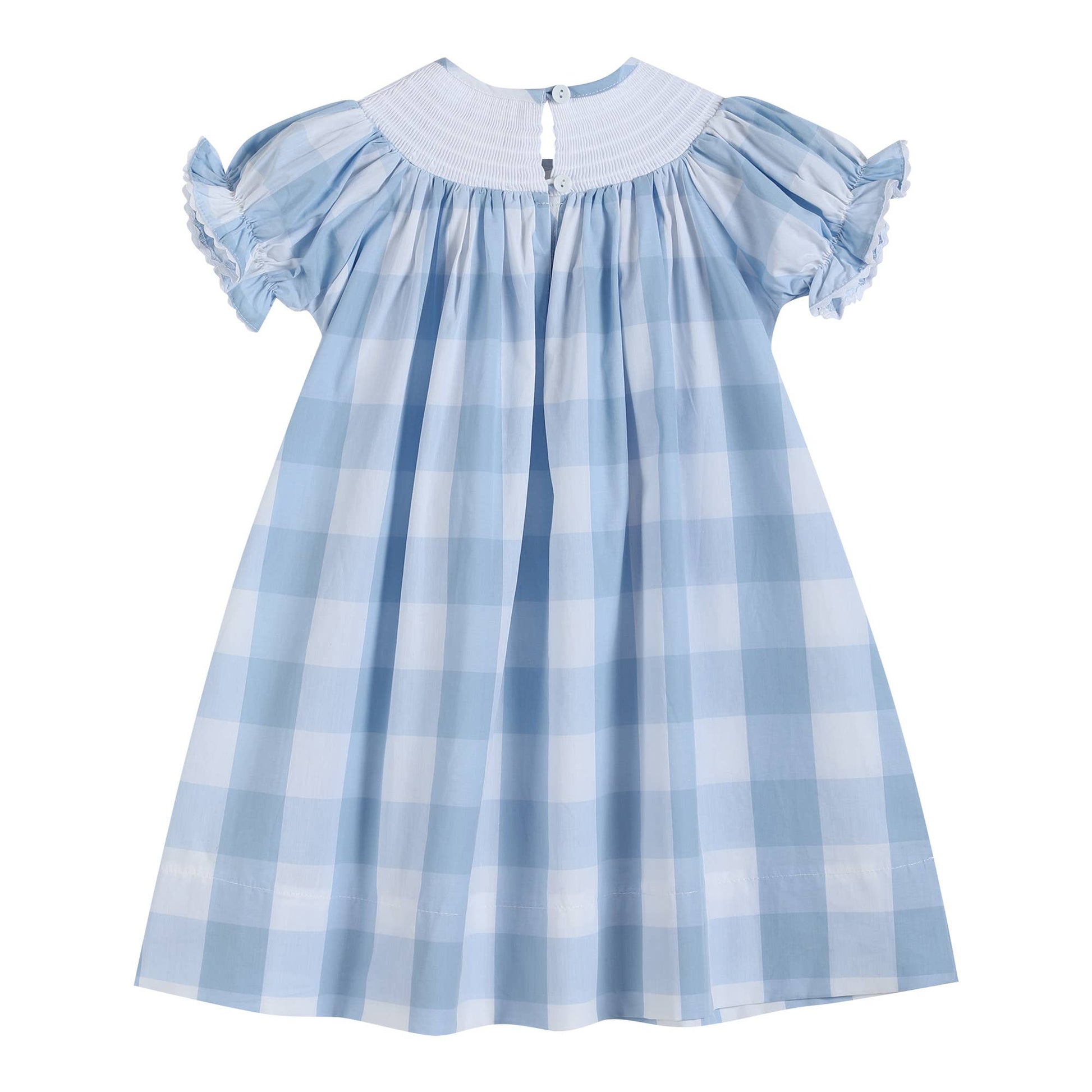 Lil Cactus brand smocked blue plaid dress is made of cotton and is lightweight enough for Spring and Summer.