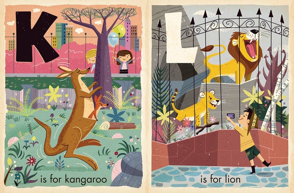 Alphabet board book with zoo illustrations for toddlers of kangaroo and lions.