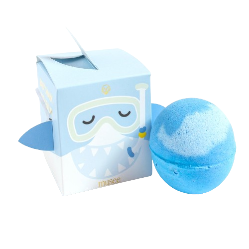 Musee brand baby shark bath balm has a toy surprise inside and makes bathtime fun.