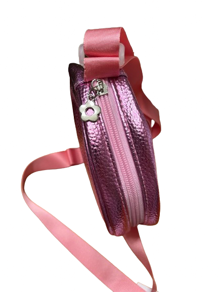 Sparkle sisters brand rainbow sequin cross body purse on pink shimmer background has a flower zipper pull for gifting.