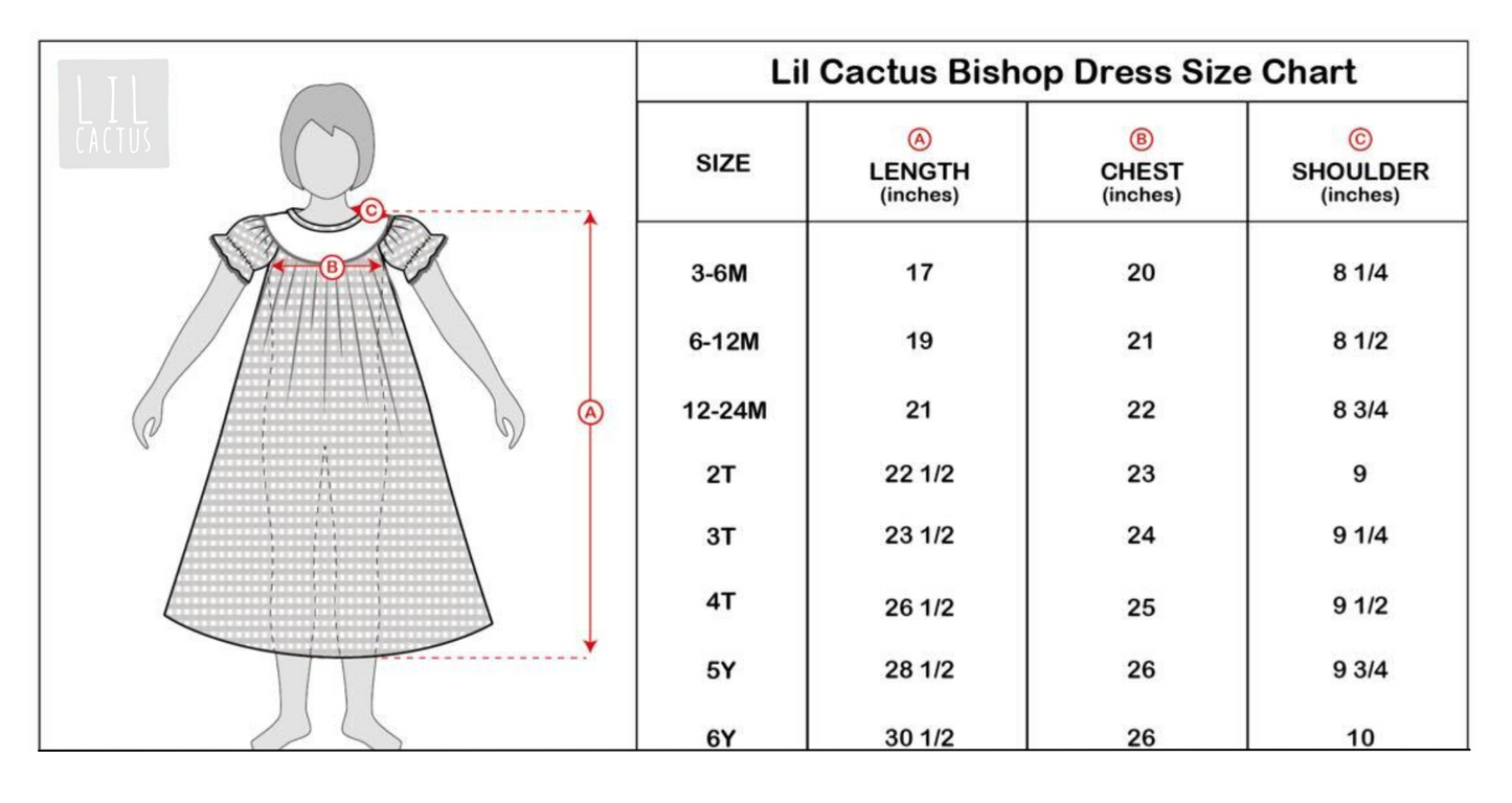 Lil Cactus brand size chart for girls bishop dress.