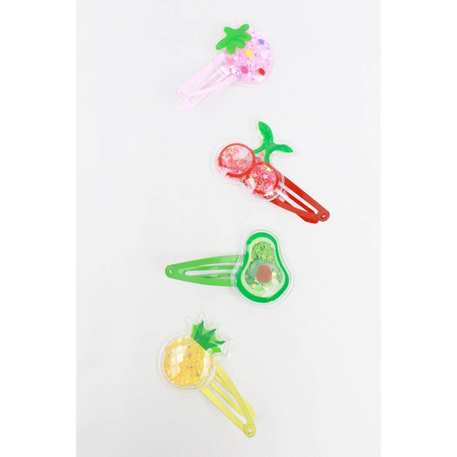 Set of 4 snap hair clips with fruit design and glitter inside.