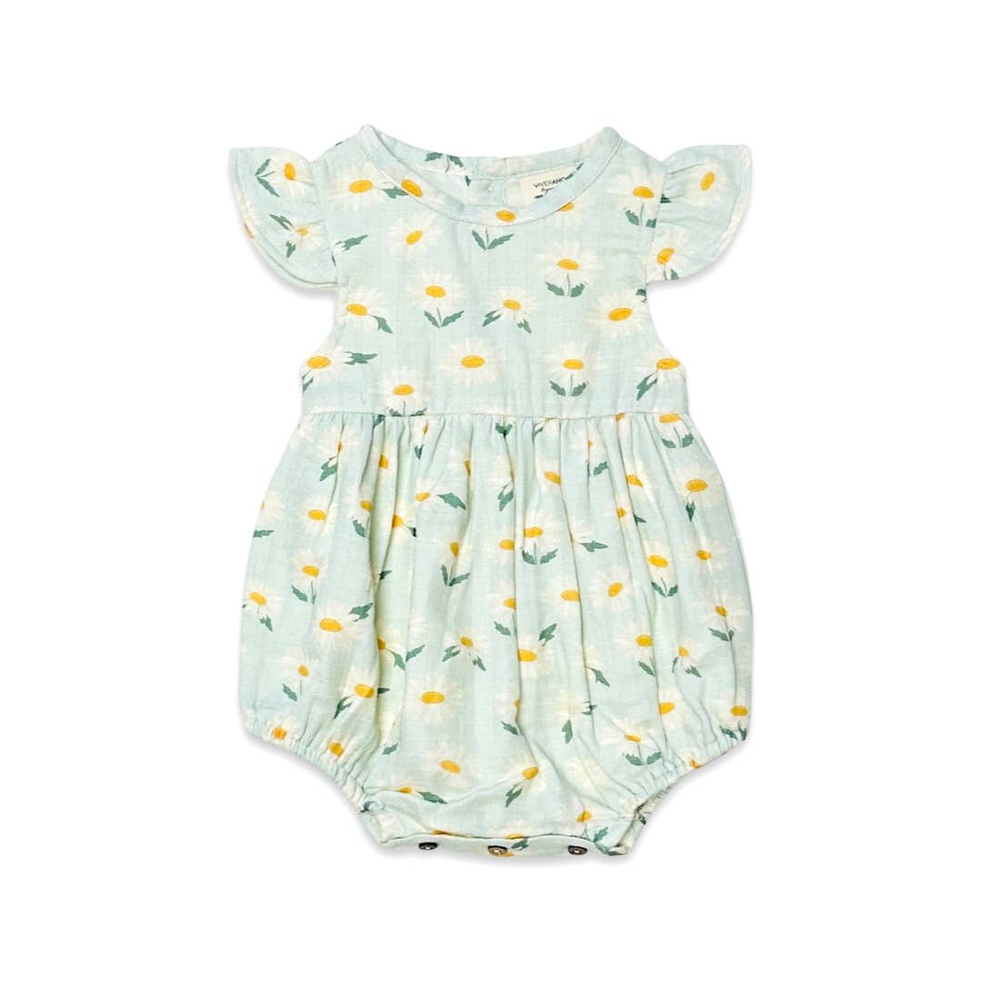 Organic muslin romper is made of natural materials in soft mint green with white daisy print for little baby.