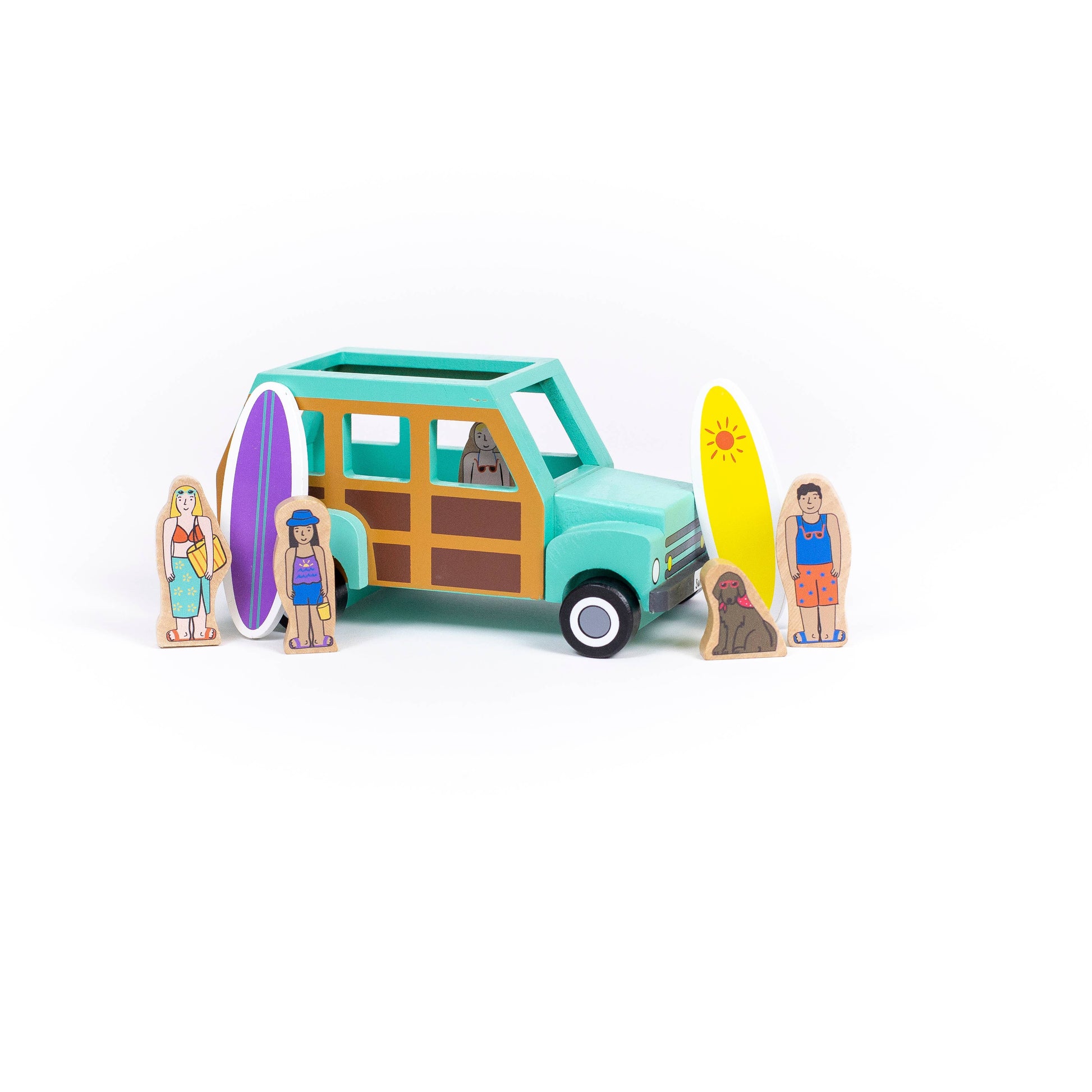 Wooden truck with magnetic figures in swimsuits