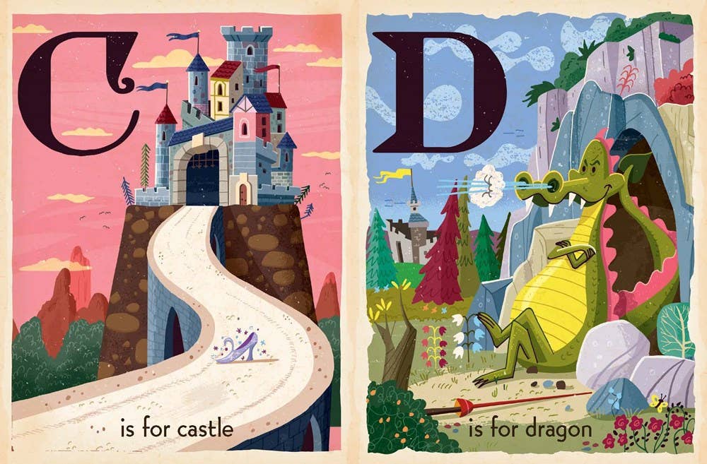 Fairy Tale board book to teach alphabet with castles and dragons.