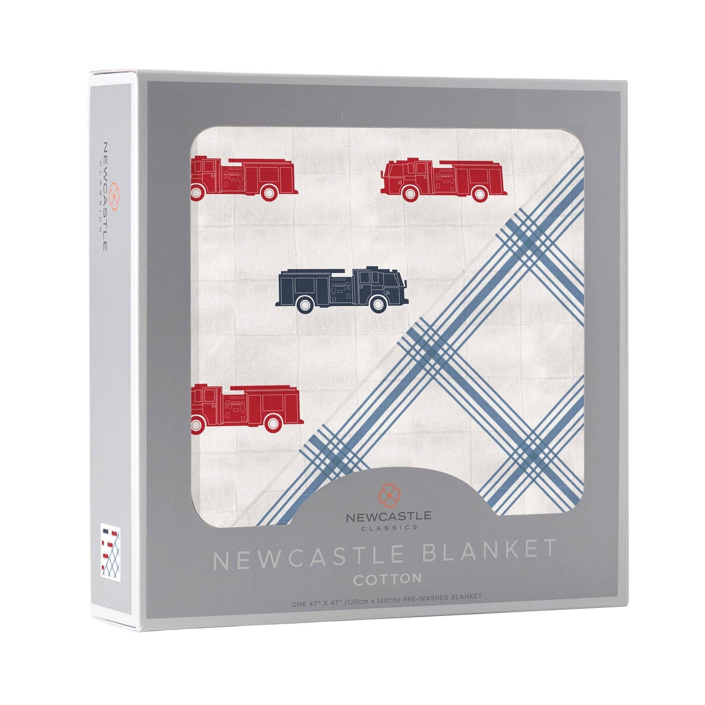 Little boys 100% natural cotton muslin blanket with firetrucks and plaid print