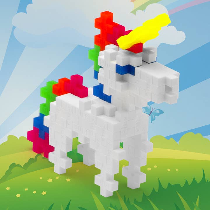 Plus Plus brand mini building blocks for constructing a unicorn or using imagination.