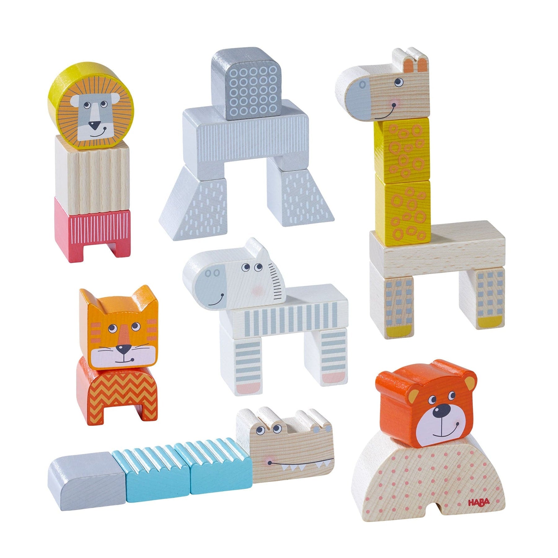 Haba brand wooden zoo animal building blocks for constructive play.