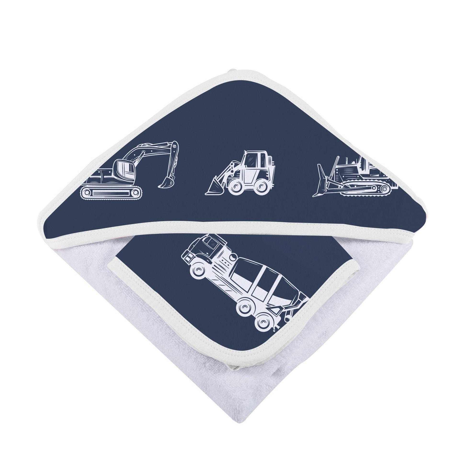 Newcastle classics brand cotton hooded towel for baby and toddler with construction diggers and dumptrucks.